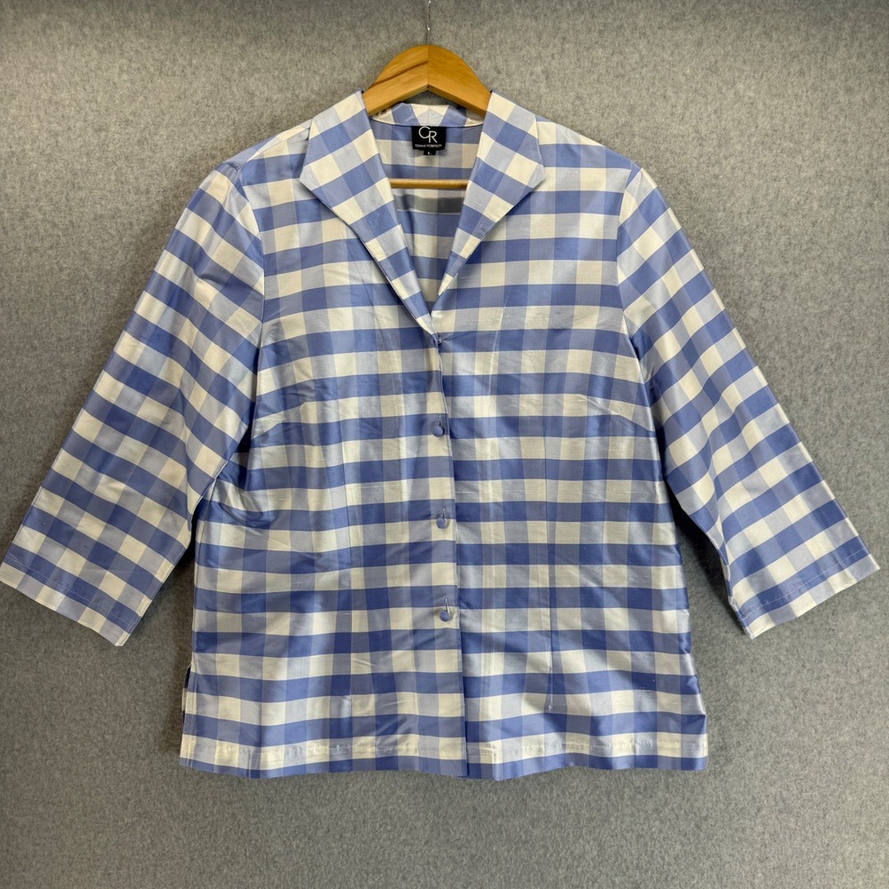 Connie Roberson Button-Up Top Blue White‎ Gingham 3/4 Sleeve Blouse Jacket Large